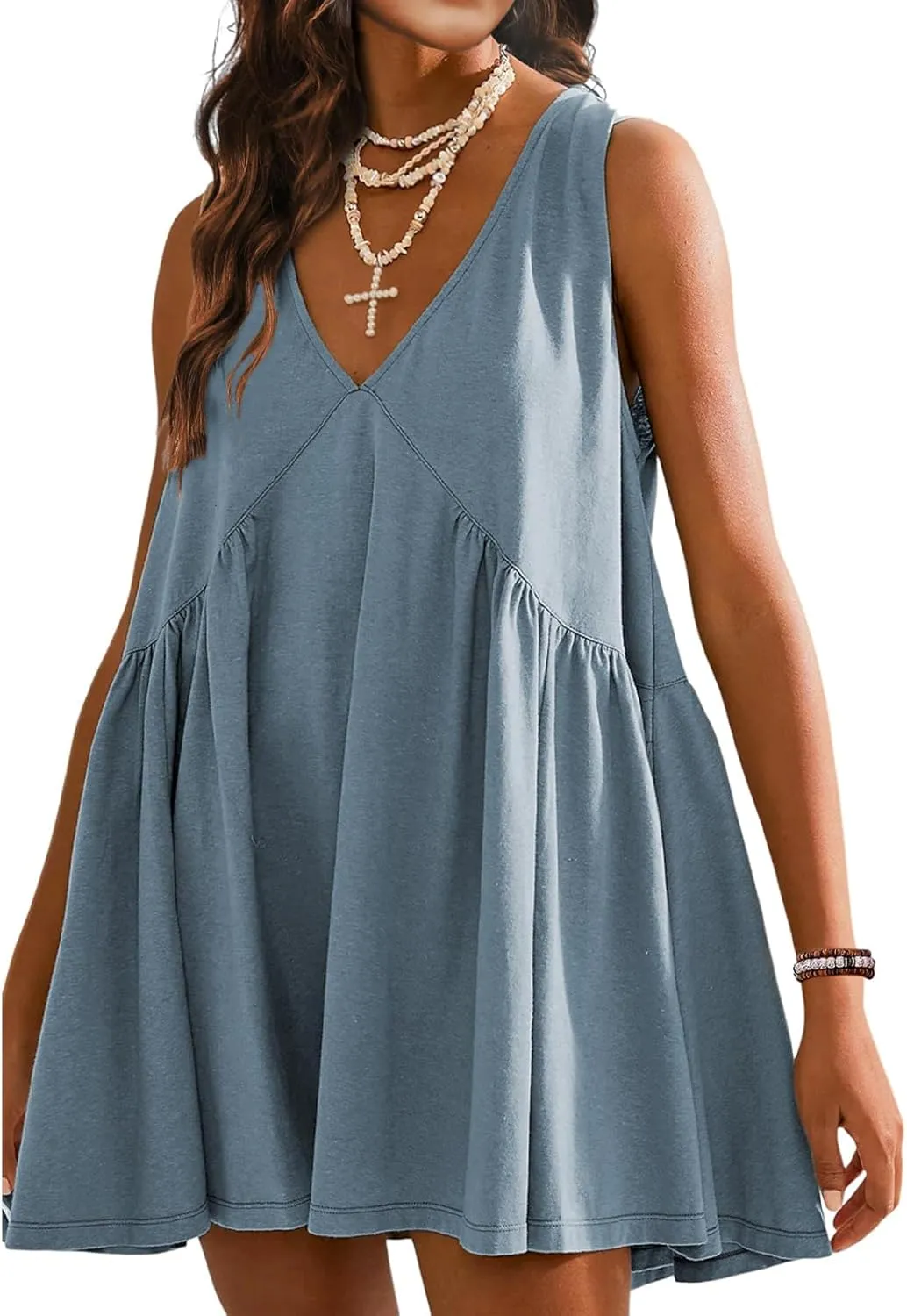 Women's Summer V Neck Sleeveless Mini Dress Casual Loose Pleated Swing Flowy Sundress with Pockets