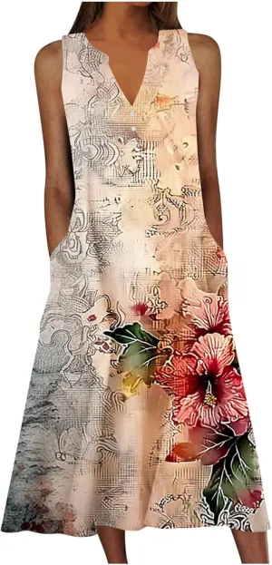 Women's Summer Vintage Midi Dress Floral Print Sleeveless V Neck Dresses Casual Loose Lightweight Beach Clothes