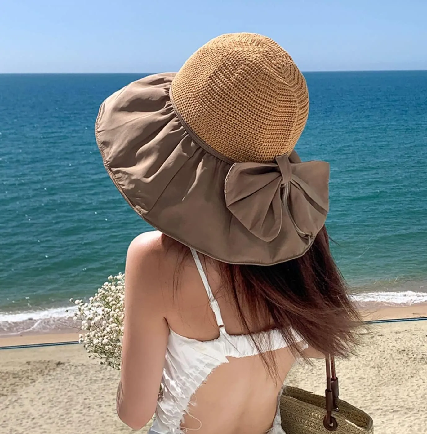 Women's Sun Hat, Large Wide Brim, Bow Storage Bag, Summer Hats with Windproof Tether, Bucket Hat Beach Cap UPF 50 