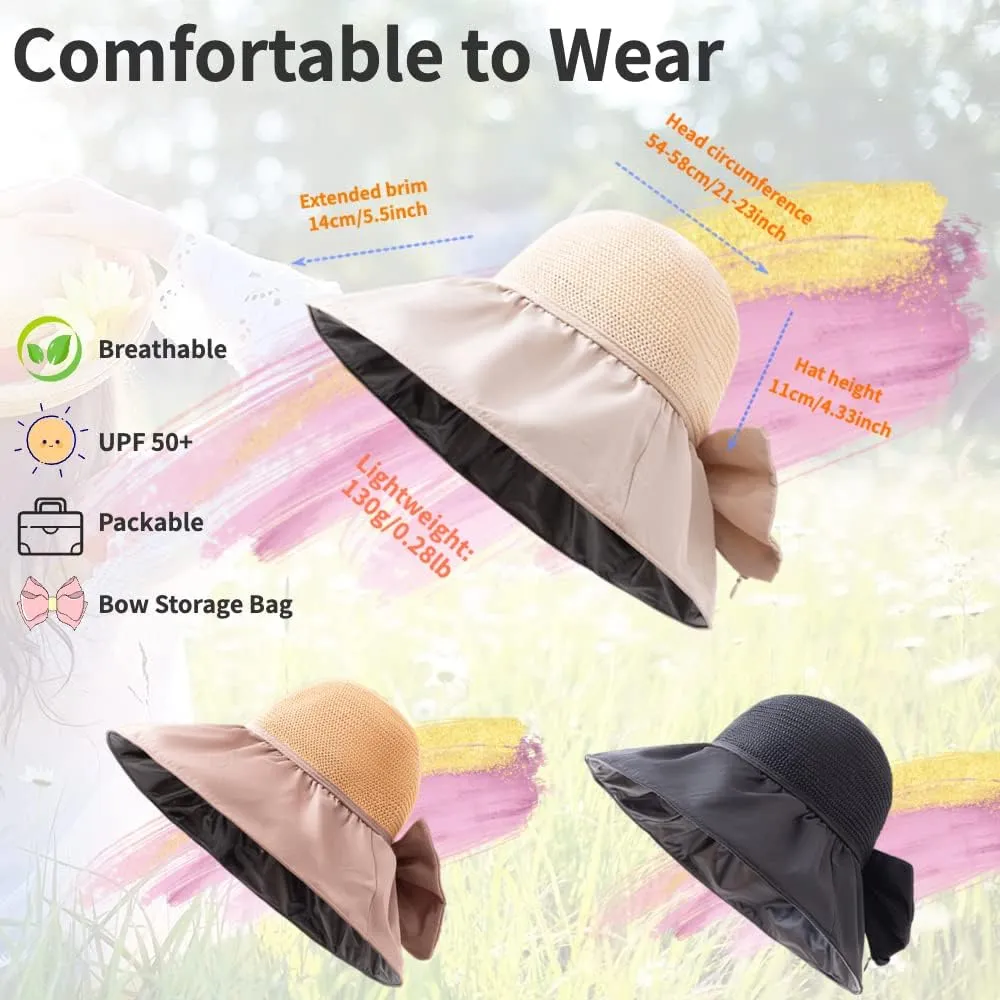 Women's Sun Hat, Large Wide Brim, Bow Storage Bag, Summer Hats with Windproof Tether, Bucket Hat Beach Cap UPF 50 