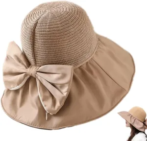 Women's Sun Hat, Large Wide Brim, Bow Storage Bag, Summer Hats with Windproof Tether, Bucket Hat Beach Cap UPF 50 
