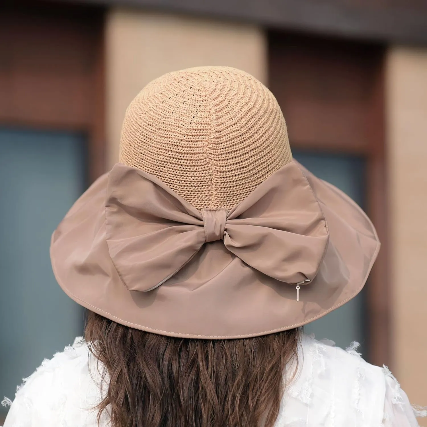 Women's Sun Hat, Large Wide Brim, Bow Storage Bag, Summer Hats with Windproof Tether, Bucket Hat Beach Cap UPF 50 