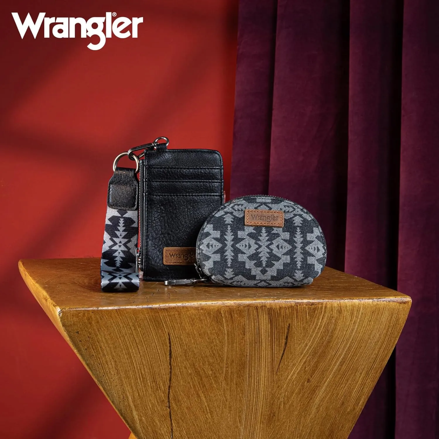 Wrangler Aztec Keychain Wristlet Wallets for Women Western Dual Pouch Wristlet Credit Card Holder Wallet with Zipper Pocket WG2212-W0051BK