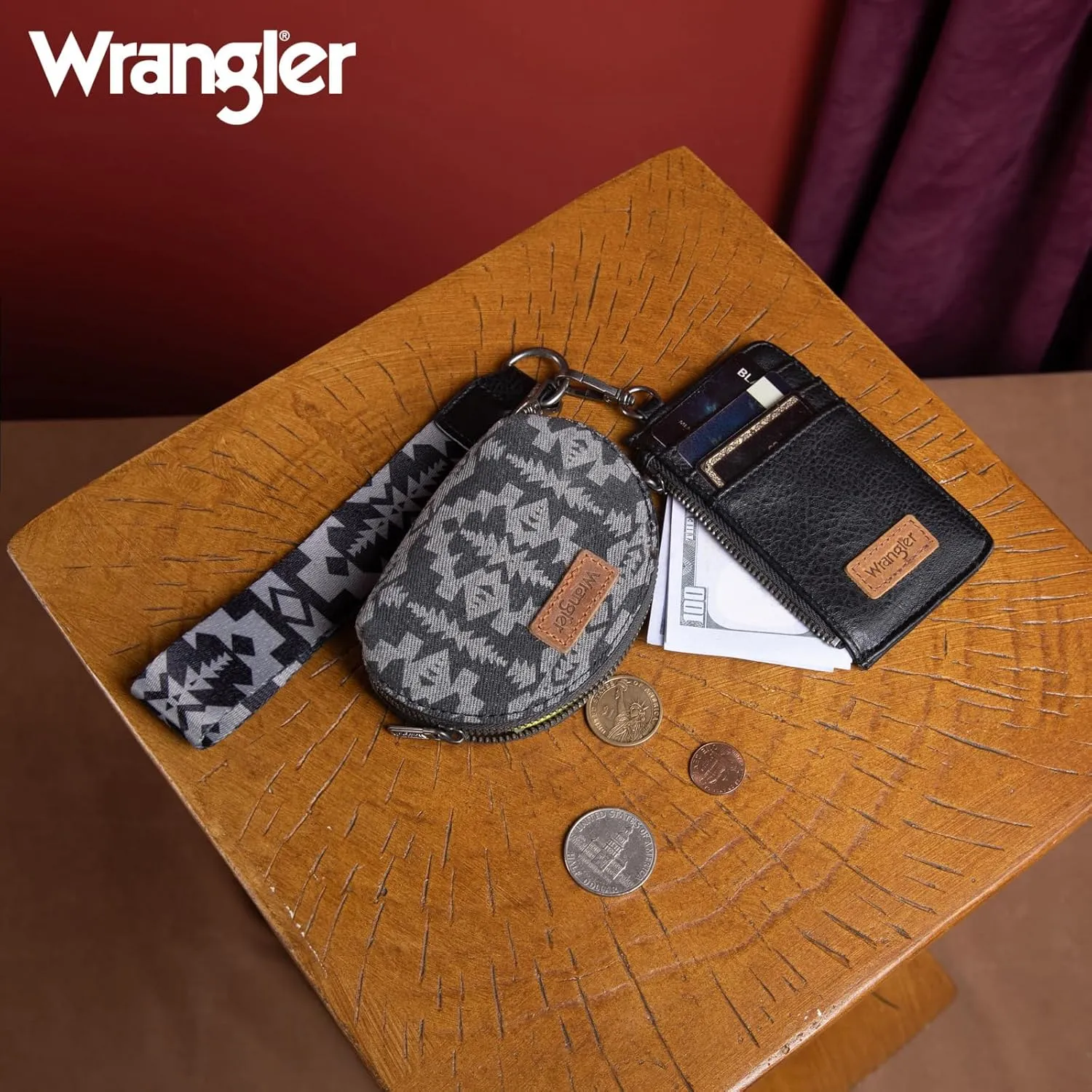Wrangler Aztec Keychain Wristlet Wallets for Women Western Dual Pouch Wristlet Credit Card Holder Wallet with Zipper Pocket WG2212-W0051BK