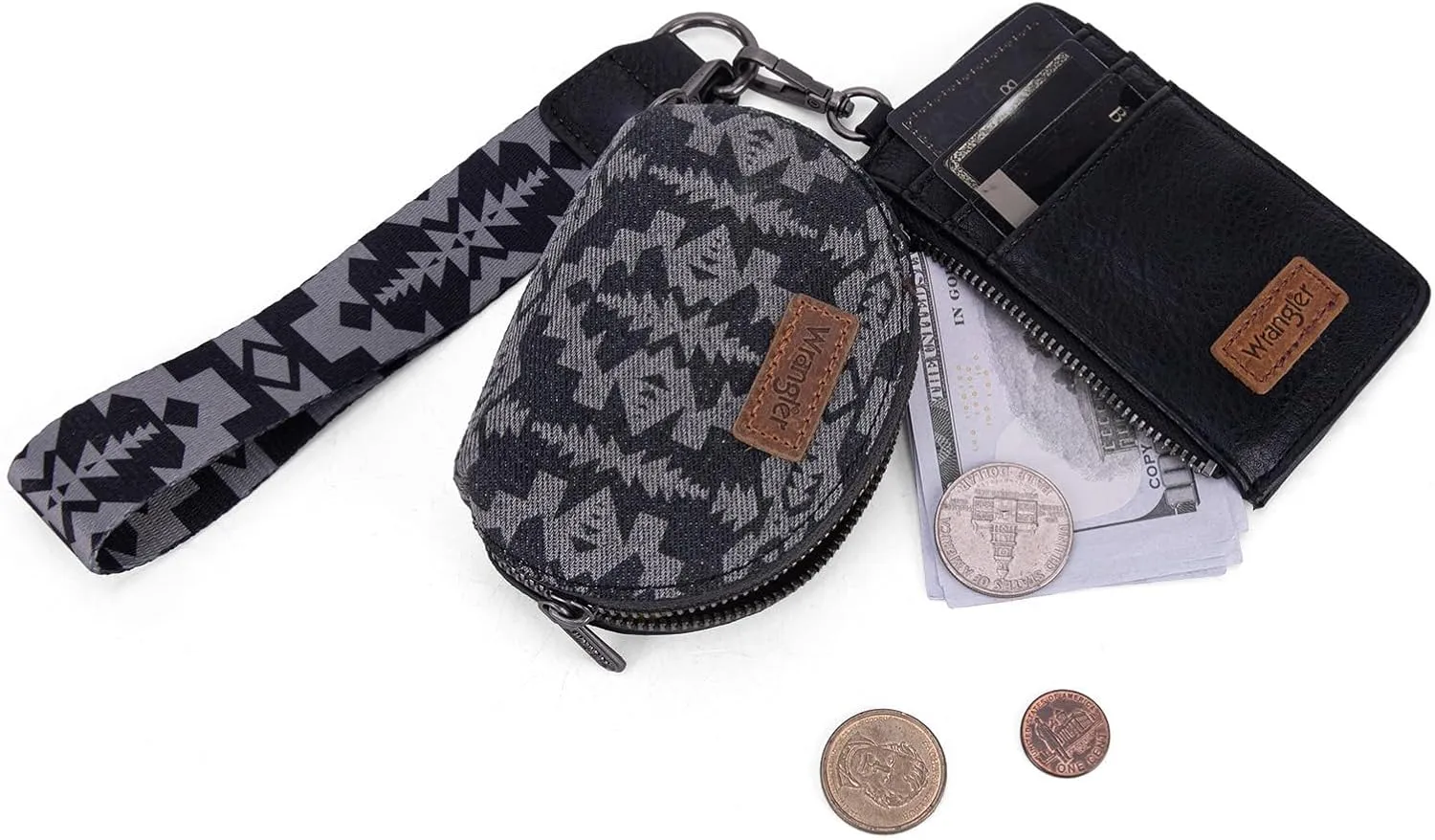 Wrangler Aztec Keychain Wristlet Wallets for Women Western Dual Pouch Wristlet Credit Card Holder Wallet with Zipper Pocket WG2212-W0051BK