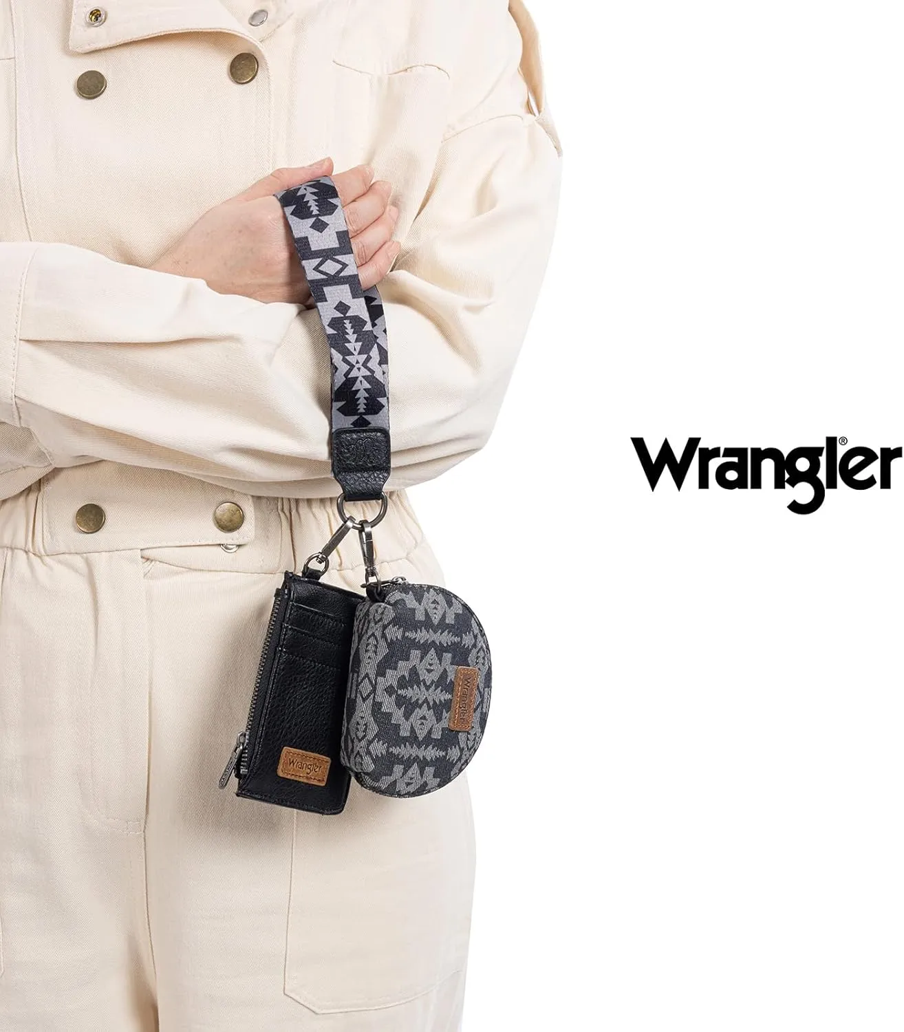 Wrangler Aztec Keychain Wristlet Wallets for Women Western Dual Pouch Wristlet Credit Card Holder Wallet with Zipper Pocket WG2212-W0051BK
