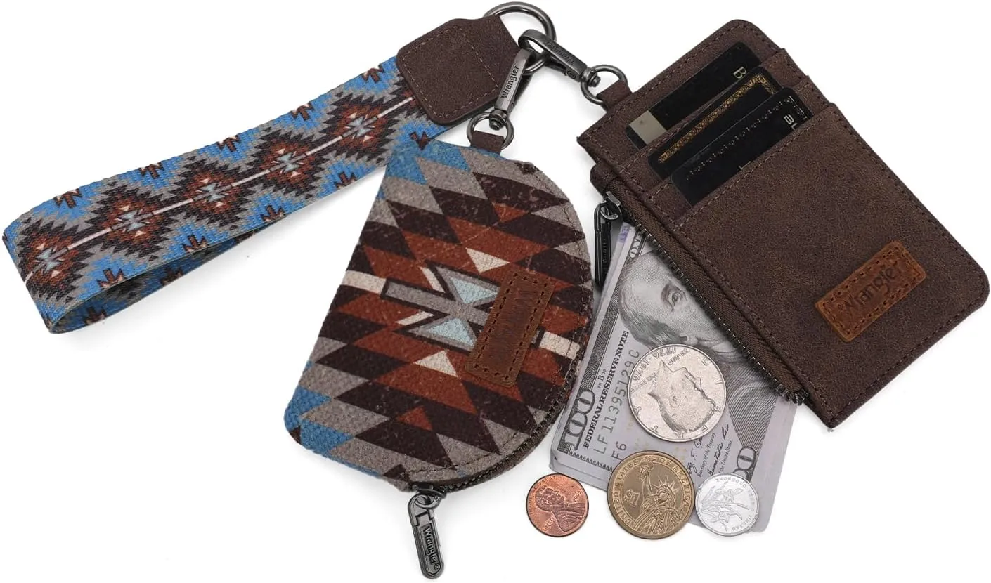 Wrangler Aztec Keychain Wristlet Wallets for Women Western Dual Pouch Wristlet Credit Card Holder Wallet with Zipper Pocket WG2213-W0051CF