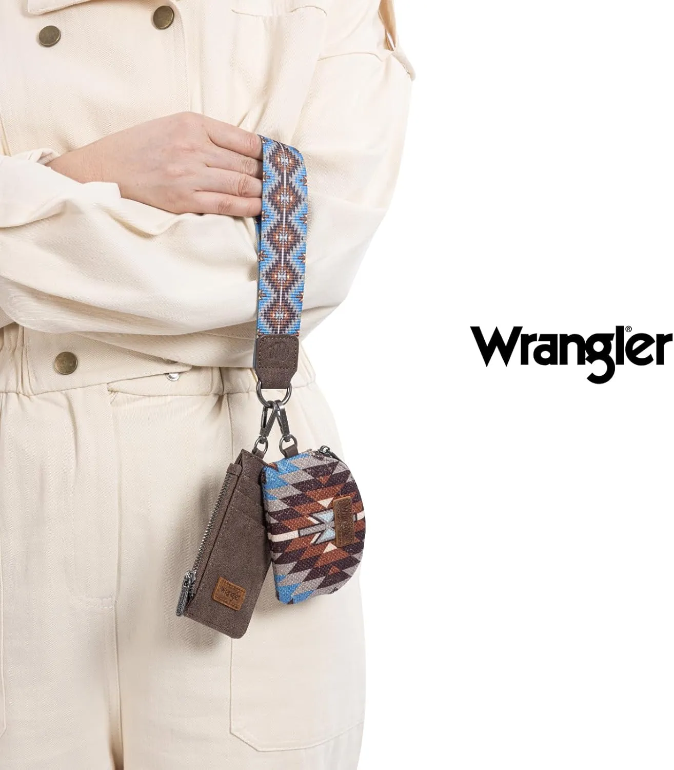 Wrangler Aztec Keychain Wristlet Wallets for Women Western Dual Pouch Wristlet Credit Card Holder Wallet with Zipper Pocket WG2213-W0051CF