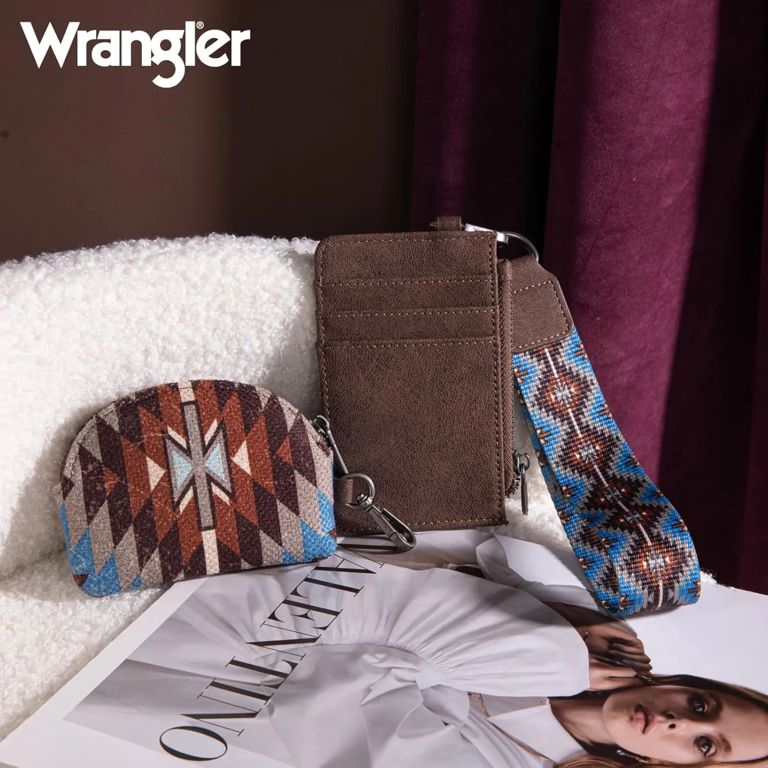 Wrangler Aztec Keychain Wristlet Wallets for Women Western Dual Pouch Wristlet Credit Card Holder Wallet with Zipper Pocket WG2213-W0051CF