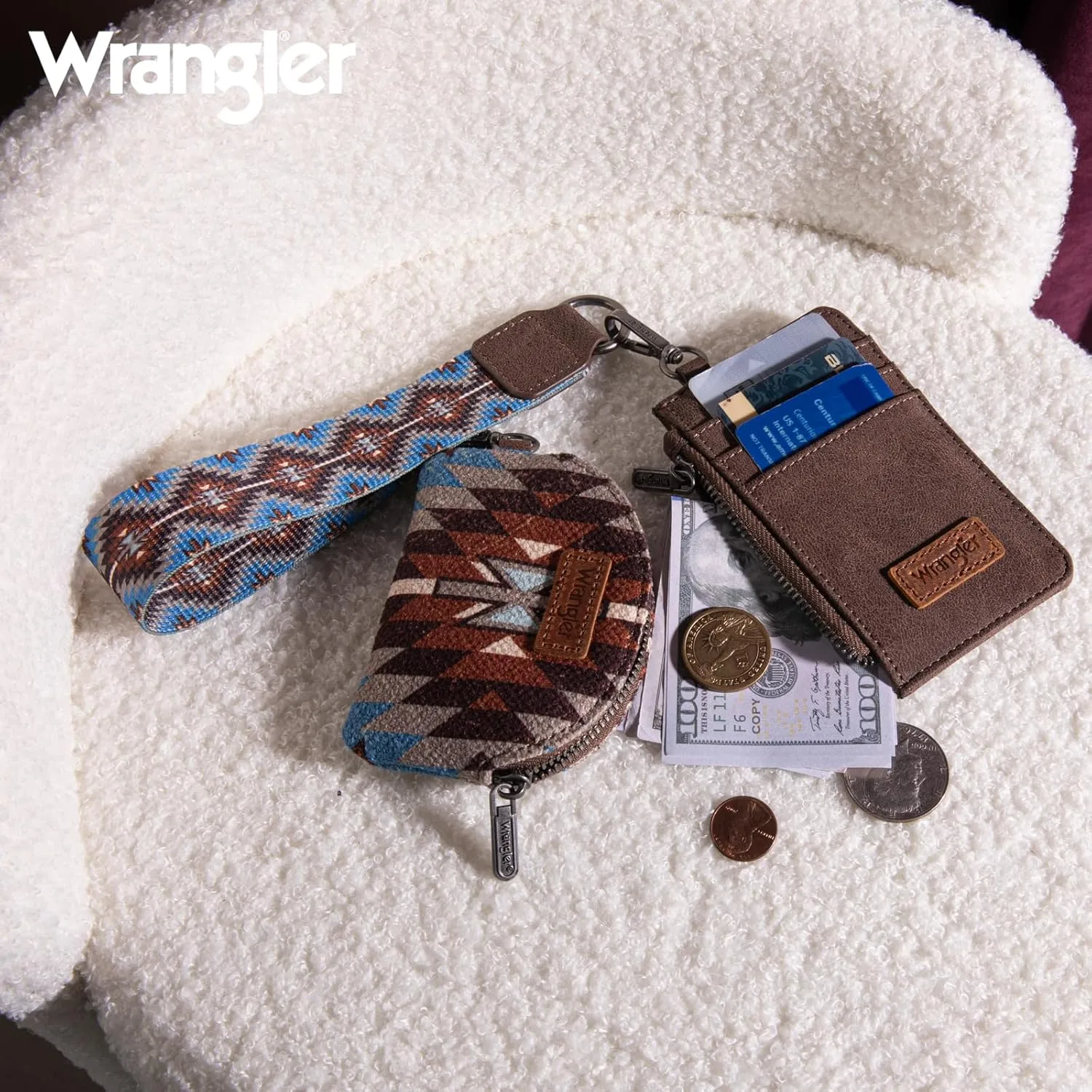 Wrangler Aztec Keychain Wristlet Wallets for Women Western Dual Pouch Wristlet Credit Card Holder Wallet with Zipper Pocket WG2213-W0051CF