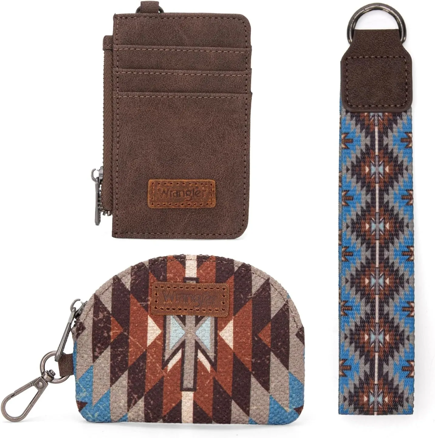 Wrangler Aztec Keychain Wristlet Wallets for Women Western Dual Pouch Wristlet Credit Card Holder Wallet with Zipper Pocket WG2213-W0051CF