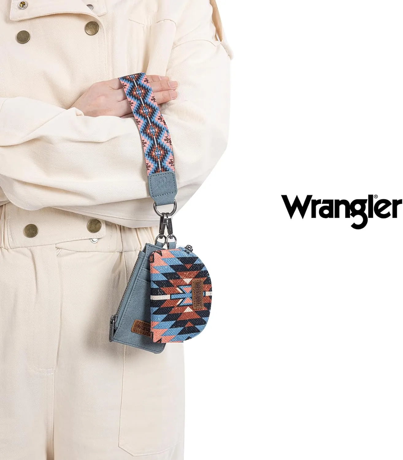 Wrangler Aztec Keychain Wristlet Wallets for Women Western Dual Pouch Wristlet Credit Card Holder Wallet with Zipper Pocket WG2213-W0051NY