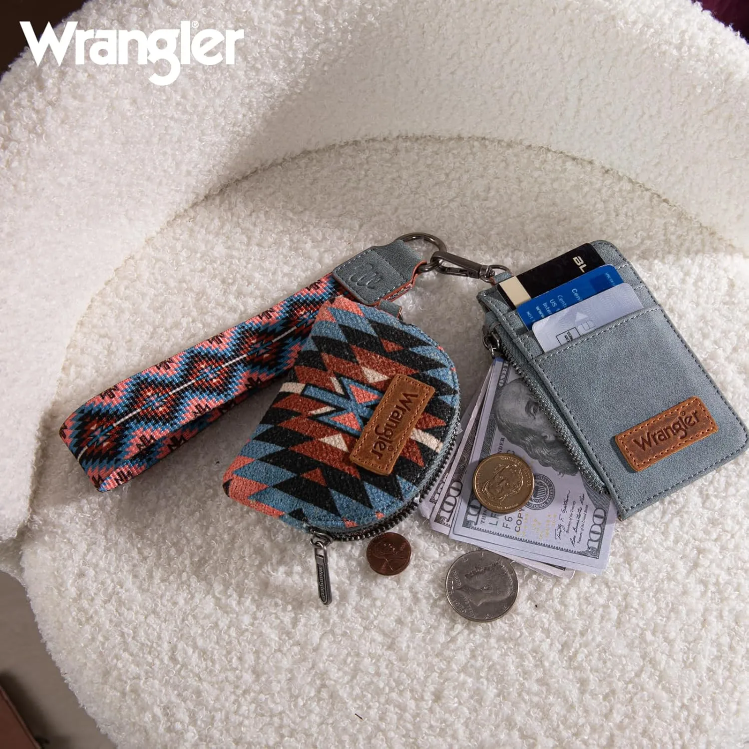 Wrangler Aztec Keychain Wristlet Wallets for Women Western Dual Pouch Wristlet Credit Card Holder Wallet with Zipper Pocket WG2213-W0051NY