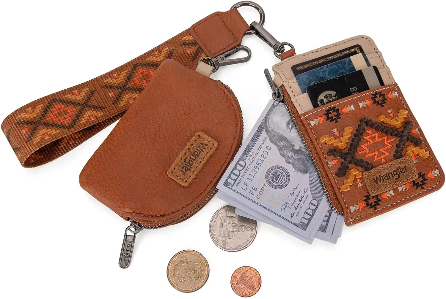 Wrangler Western Keychain Wristlet Wallets for Women Retro Dual Pouch Wristlet Credit Card Holder Wallet with Zipper Pocket WG2214-W0051BR