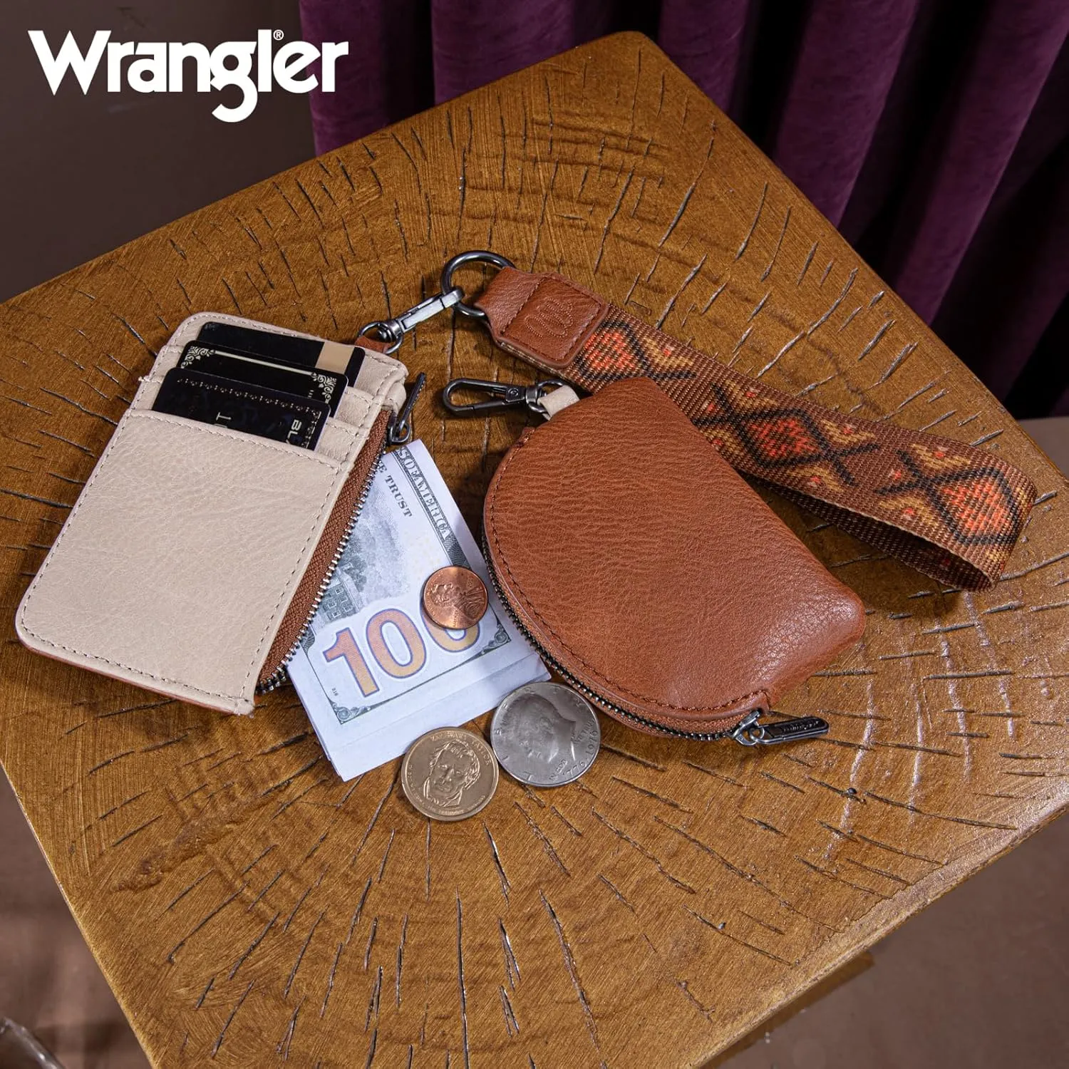 Wrangler Western Keychain Wristlet Wallets for Women Retro Dual Pouch Wristlet Credit Card Holder Wallet with Zipper Pocket WG2214-W0051BR
