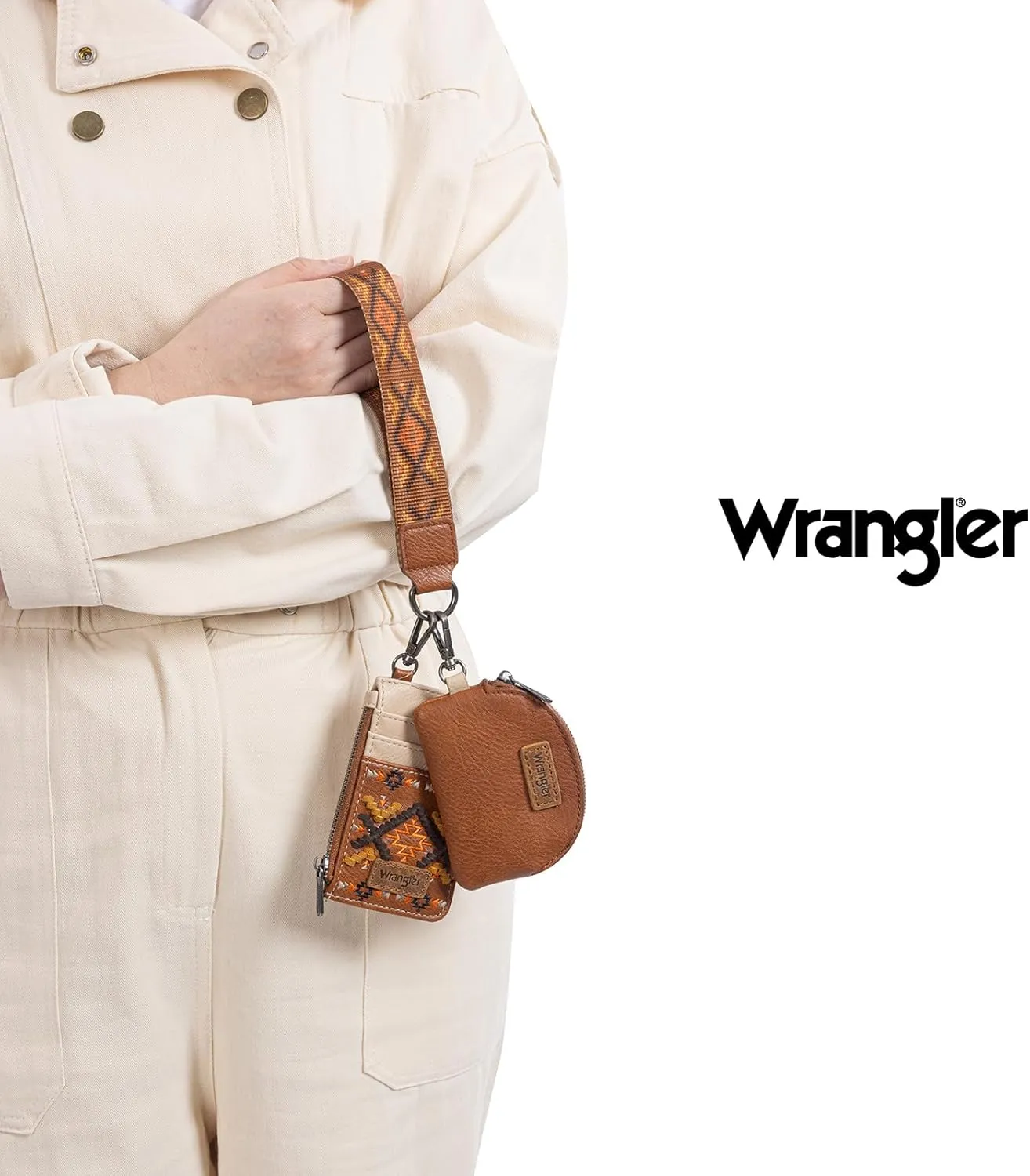 Wrangler Western Keychain Wristlet Wallets for Women Retro Dual Pouch Wristlet Credit Card Holder Wallet with Zipper Pocket WG2214-W0051BR