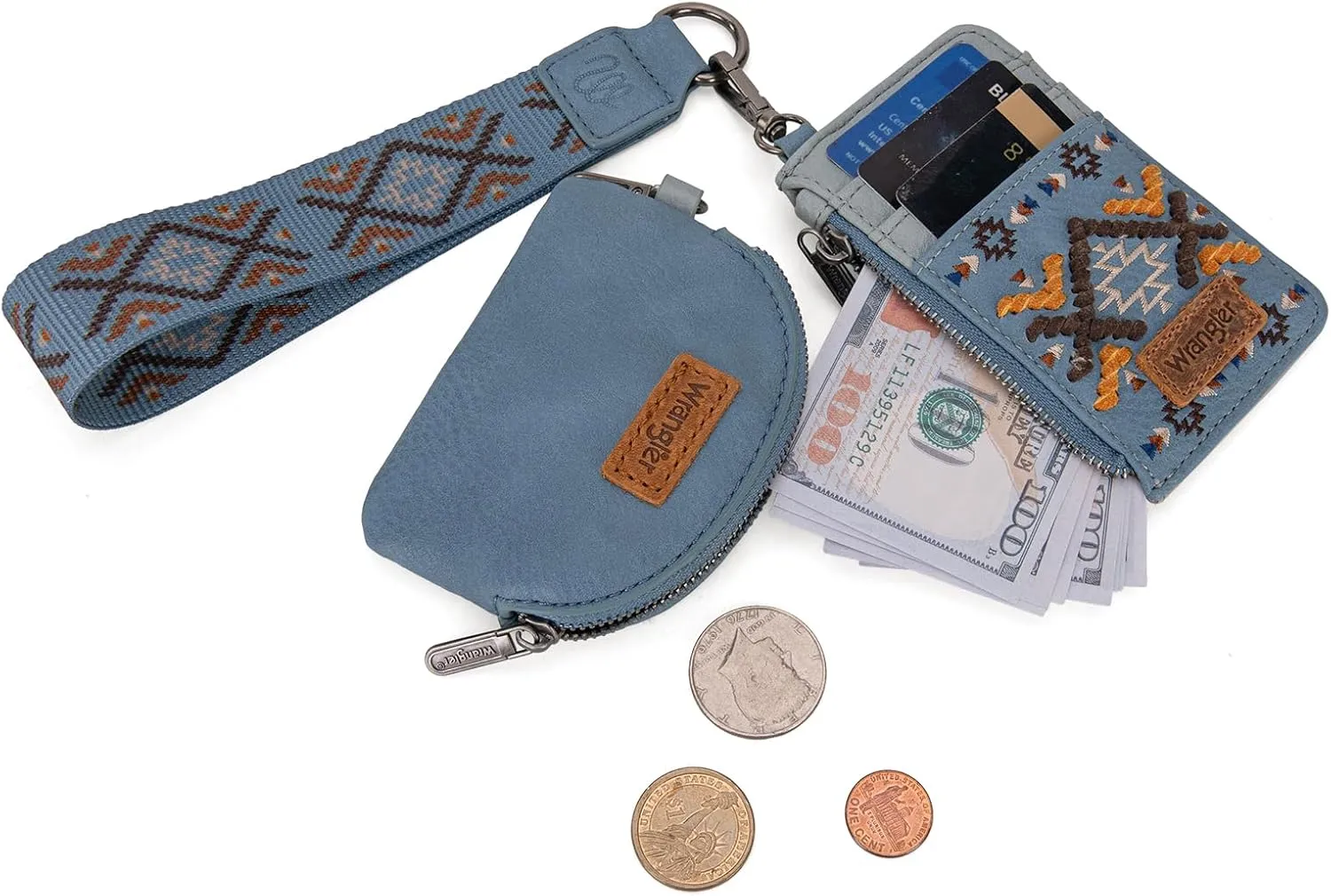 Wrangler Western Keychain Wristlet Wallets for Women Retro Dual Pouch Wristlet Credit Card Holder Wallet with Zipper Pocket WG2214-W0051JN