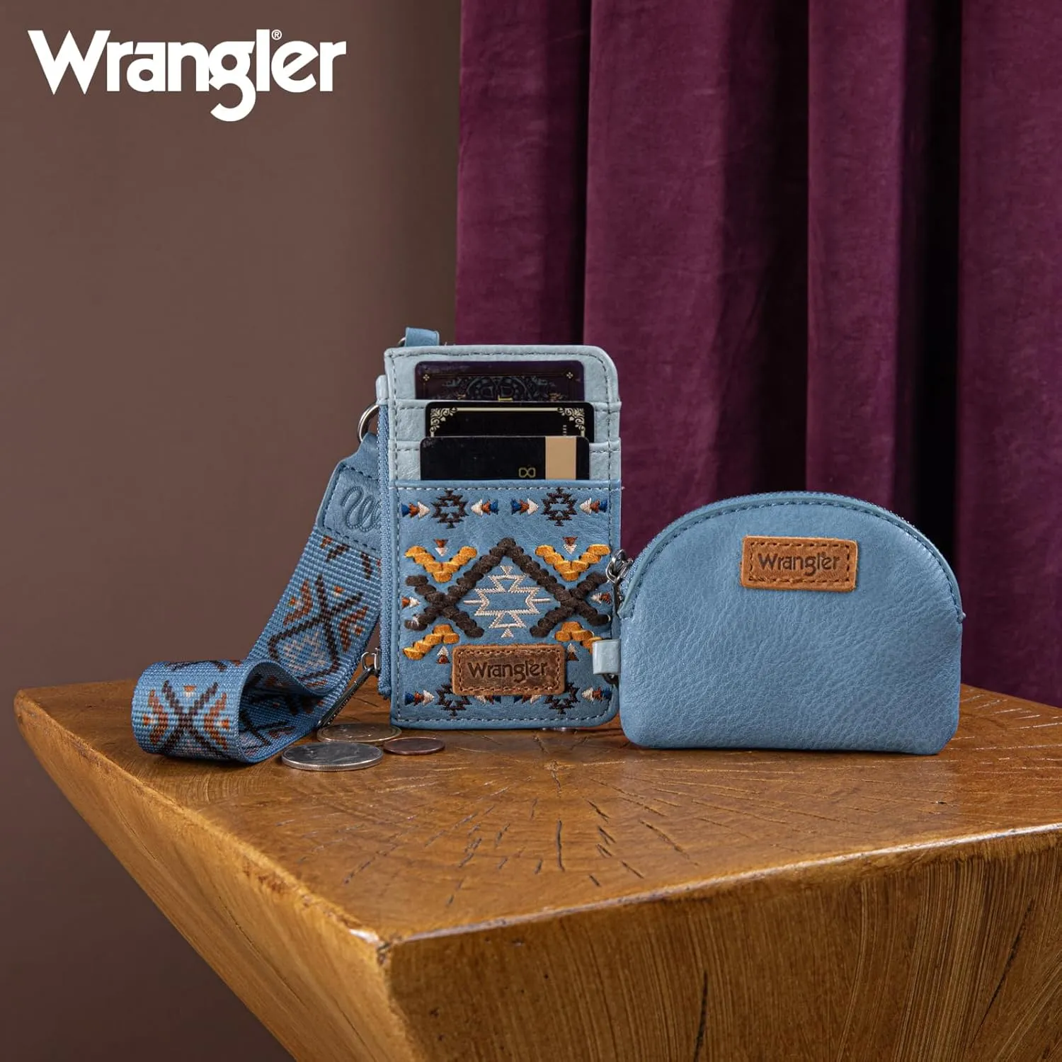 Wrangler Western Keychain Wristlet Wallets for Women Retro Dual Pouch Wristlet Credit Card Holder Wallet with Zipper Pocket WG2214-W0051JN