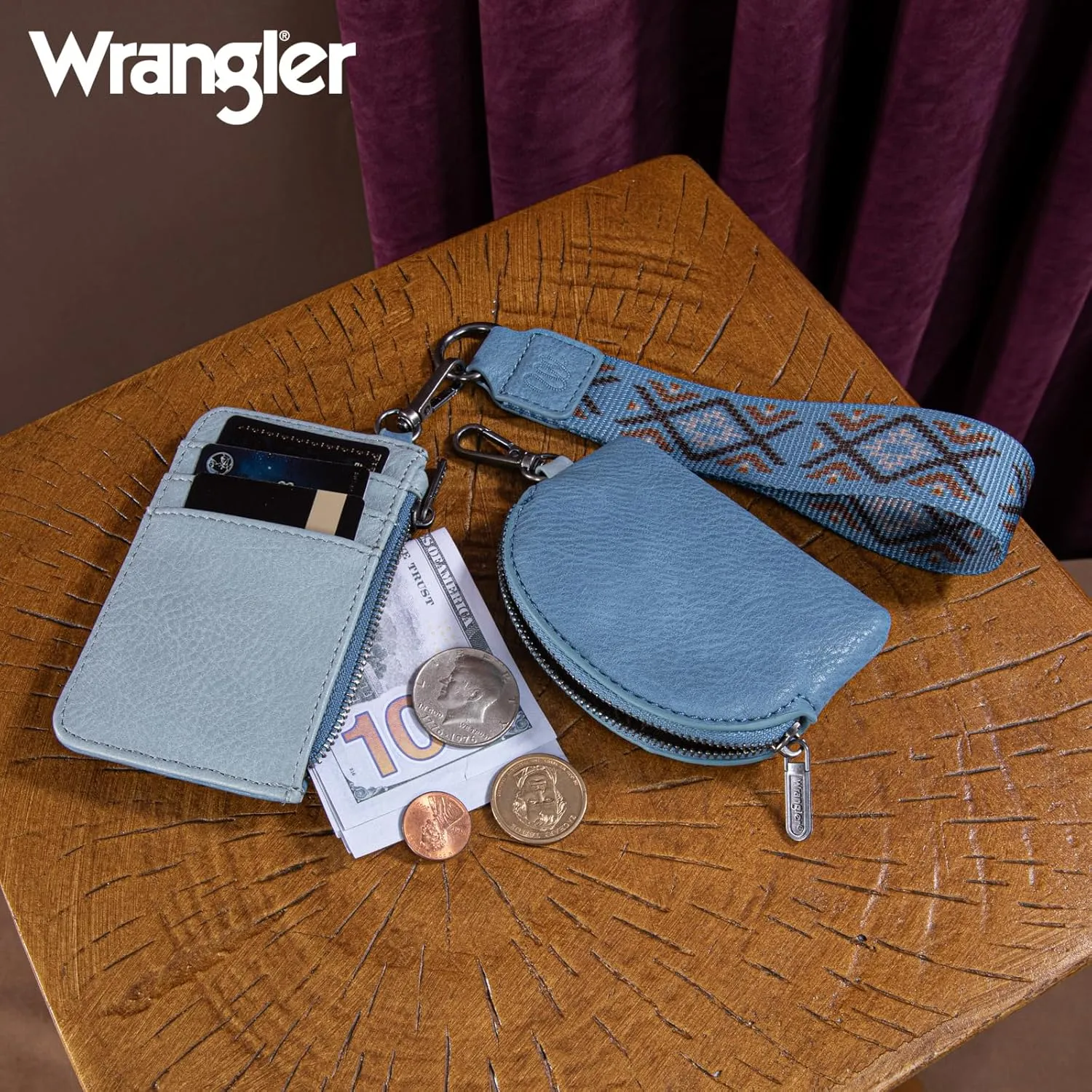 Wrangler Western Keychain Wristlet Wallets for Women Retro Dual Pouch Wristlet Credit Card Holder Wallet with Zipper Pocket WG2214-W0051JN