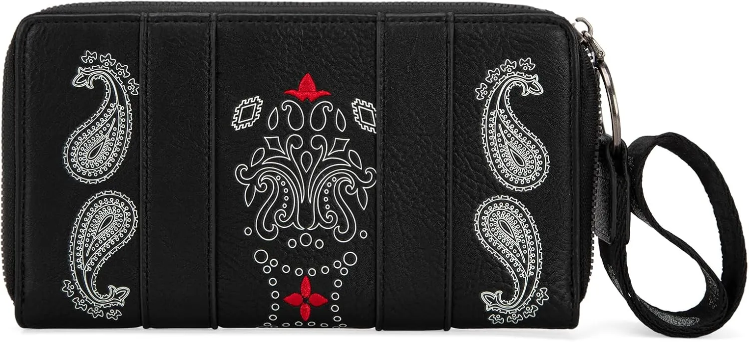  Wrangler Wristlet Wallet for Women, Large Passport Wallet, Boutique Paisley Designer Women Wallet, Black