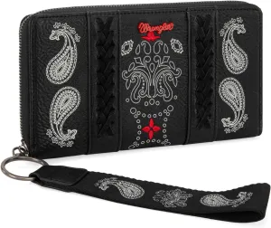  Wrangler Wristlet Wallet for Women, Large Passport Wallet, Boutique Paisley Designer Women Wallet, Black