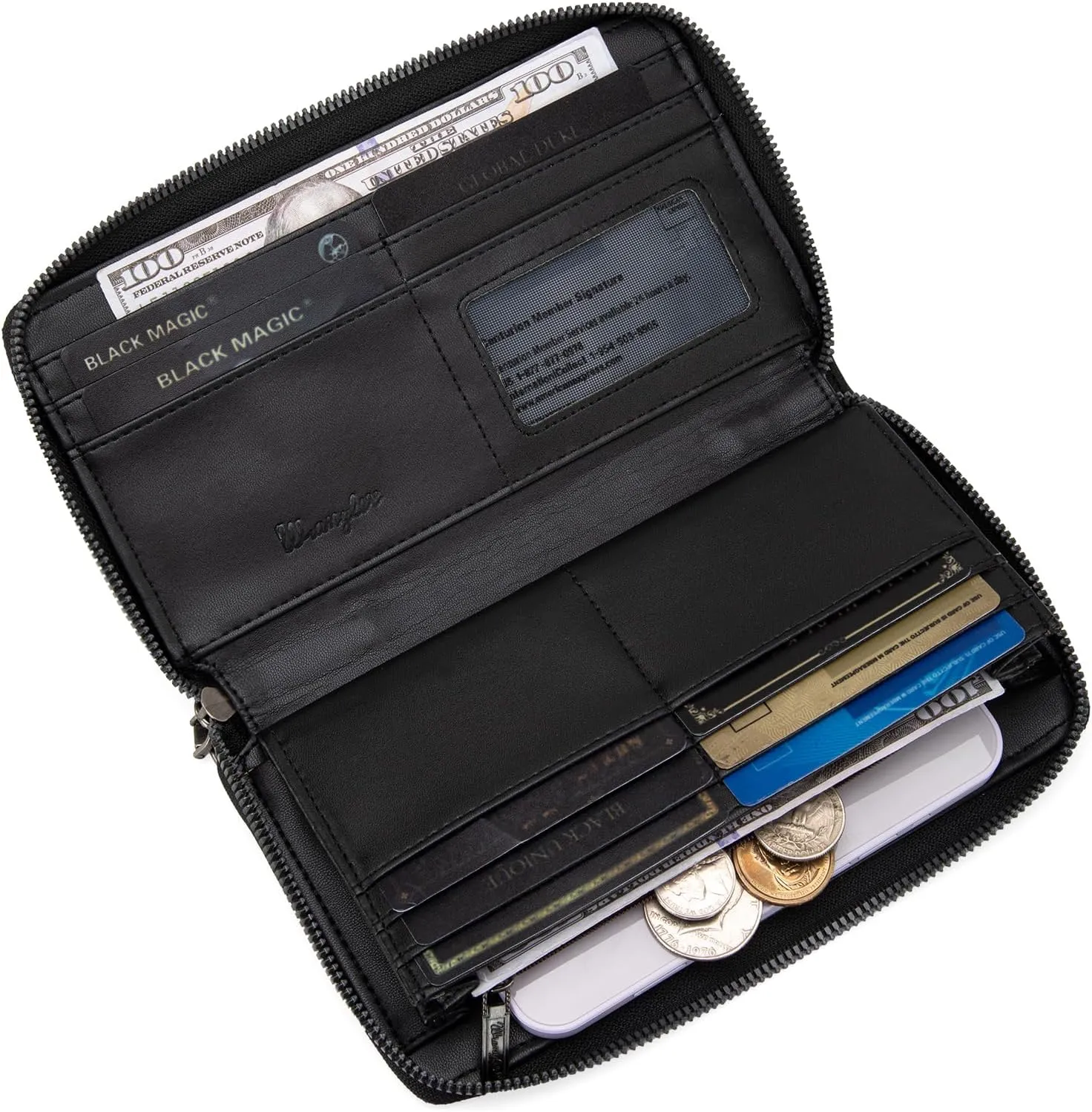  Wrangler Wristlet Wallet for Women, Large Passport Wallet, Boutique Paisley Designer Women Wallet, Black