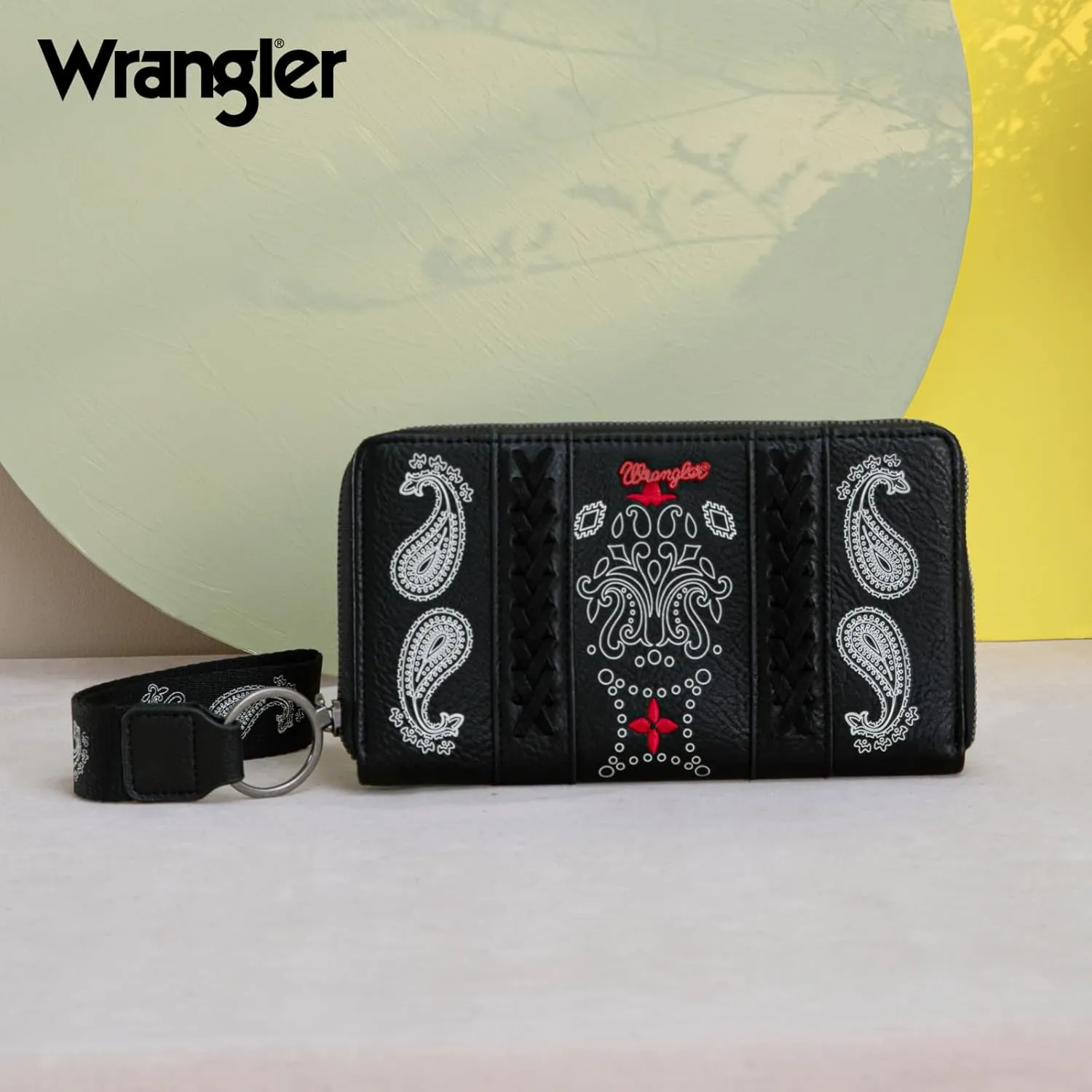  Wrangler Wristlet Wallet for Women, Large Passport Wallet, Boutique Paisley Designer Women Wallet, Black