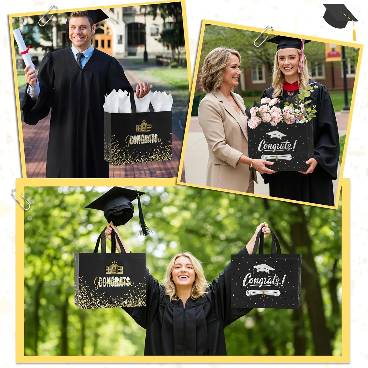 YANGTE 2 Pack 13" Large Graduation Gift Bags with Tissue Paper and Cards, Reusable Non-Woven Graduation Bags with Handle, Congrats Grad Gift Wrap Bags for High School, College