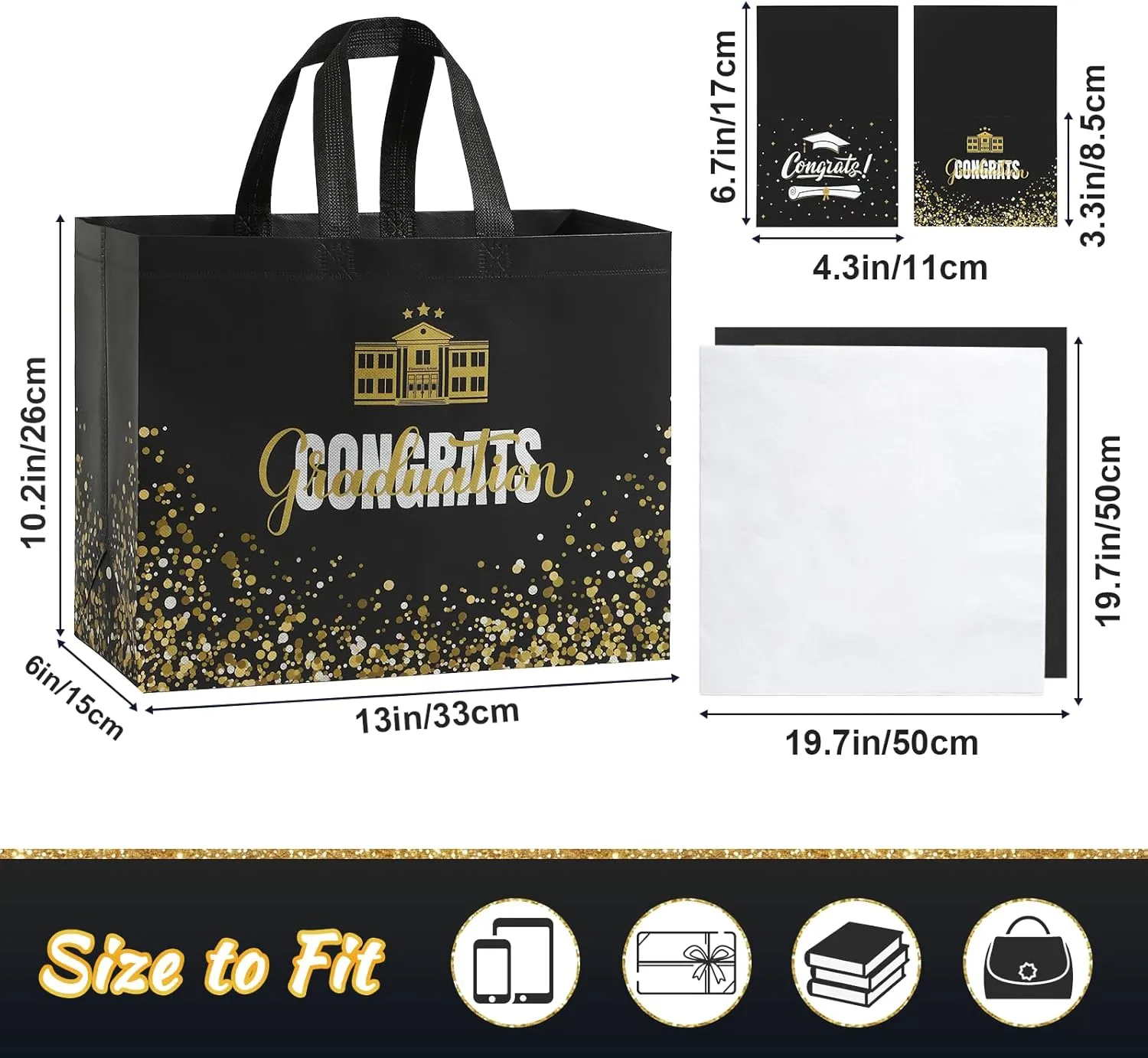 YANGTE 2 Pack 13" Large Graduation Gift Bags with Tissue Paper and Cards, Reusable Non-Woven Graduation Bags with Handle, Congrats Grad Gift Wrap Bags for High School, College