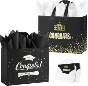 YANGTE 2 Pack 13" Large Graduation Gift Bags with Tissue Paper and Cards, Reusable Non-Woven Graduation Bags with Handle, Congrats Grad Gift Wrap Bags for High School, College