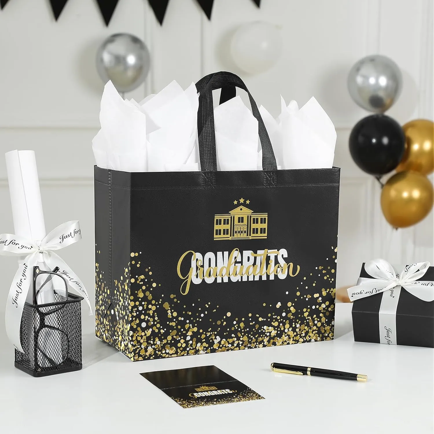 YANGTE 2 Pack 13" Large Graduation Gift Bags with Tissue Paper and Cards, Reusable Non-Woven Graduation Bags with Handle, Congrats Grad Gift Wrap Bags for High School, College
