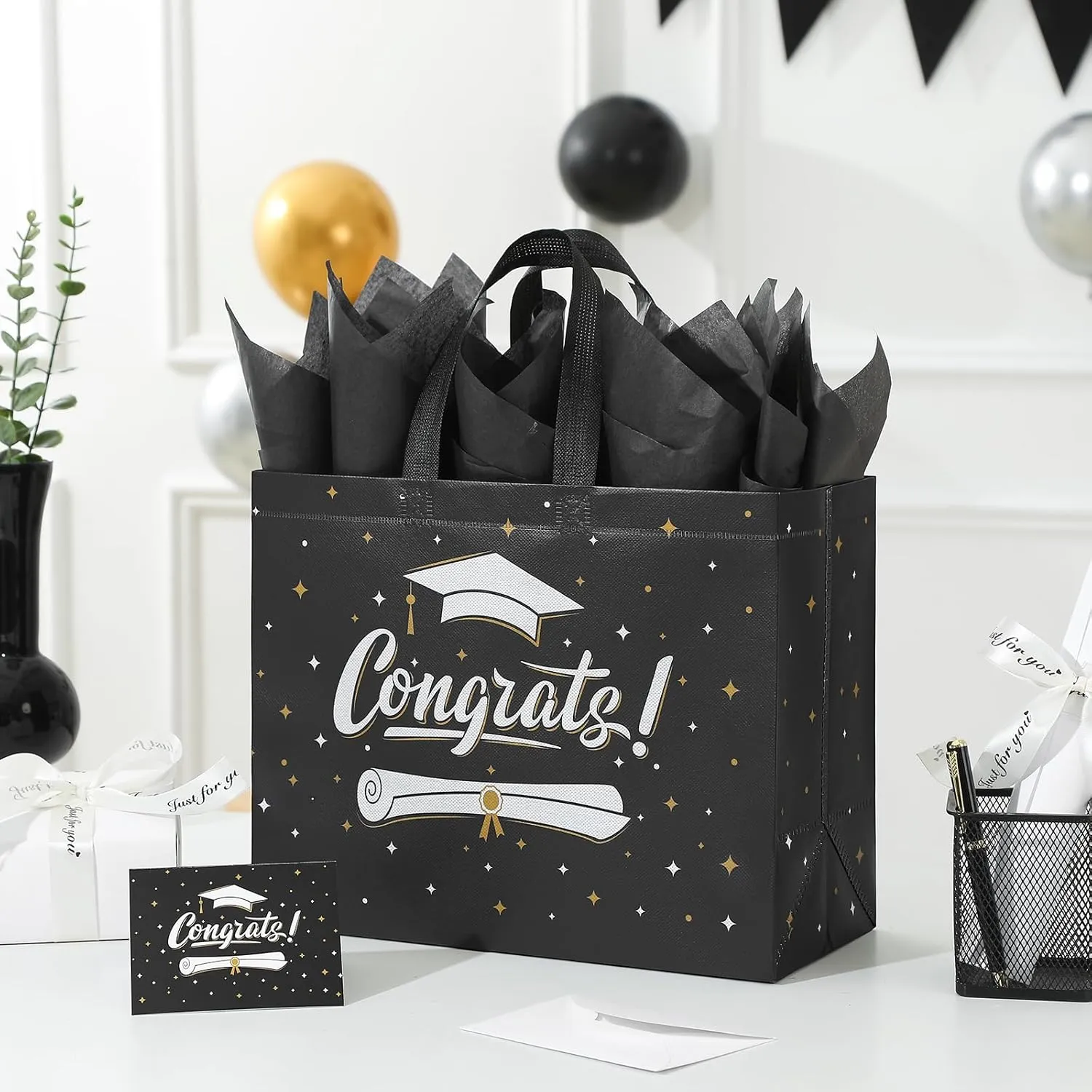 YANGTE 2 Pack 13" Large Graduation Gift Bags with Tissue Paper and Cards, Reusable Non-Woven Graduation Bags with Handle, Congrats Grad Gift Wrap Bags for High School, College