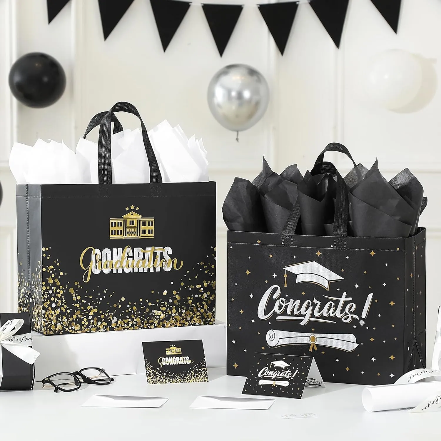 YANGTE 2 Pack 13" Large Graduation Gift Bags with Tissue Paper and Cards, Reusable Non-Woven Graduation Bags with Handle, Congrats Grad Gift Wrap Bags for High School, College