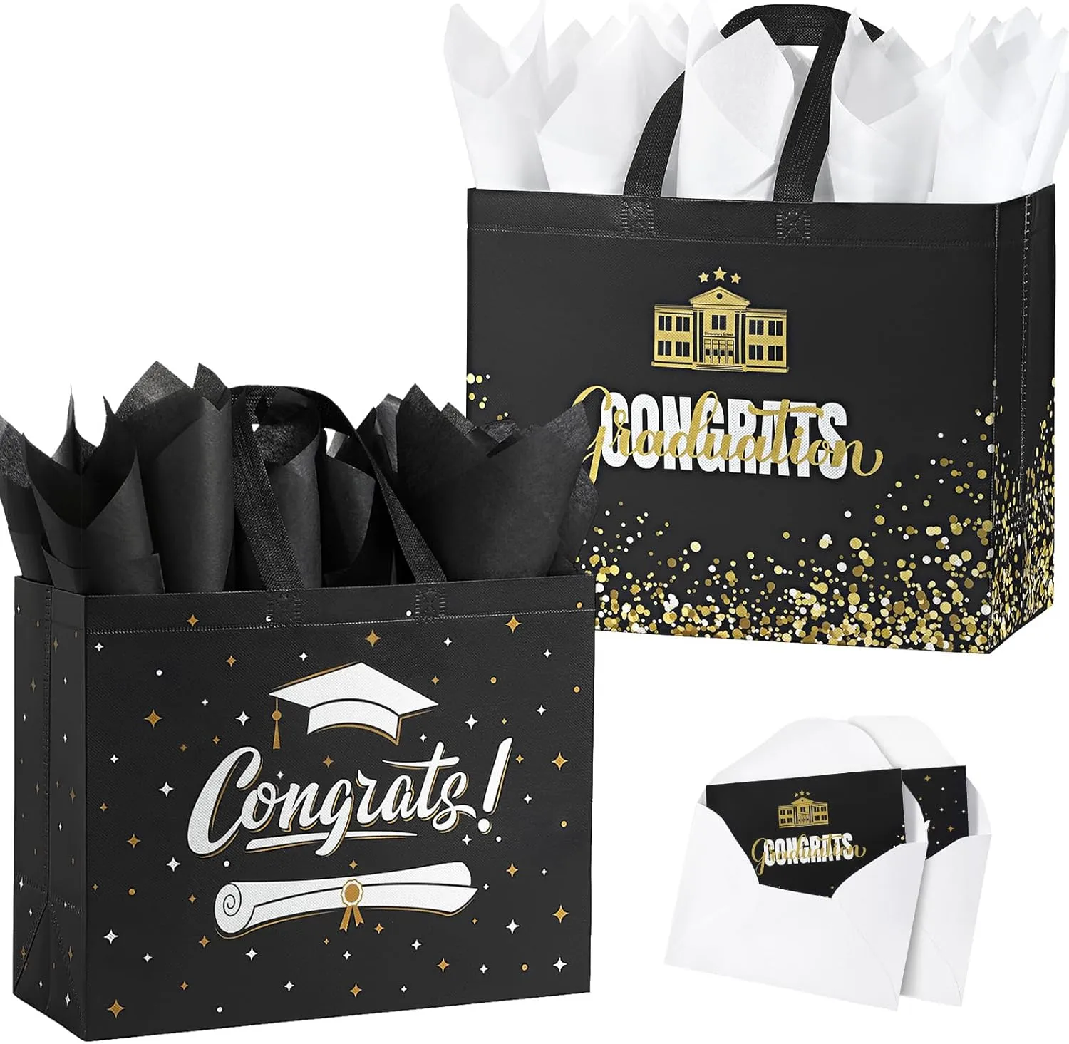 YANGTE 2 Pack 13" Large Graduation Gift Bags with Tissue Paper and Cards, Reusable Non-Woven Graduation Bags with Handle, Congrats Grad Gift Wrap Bags for High School, College
