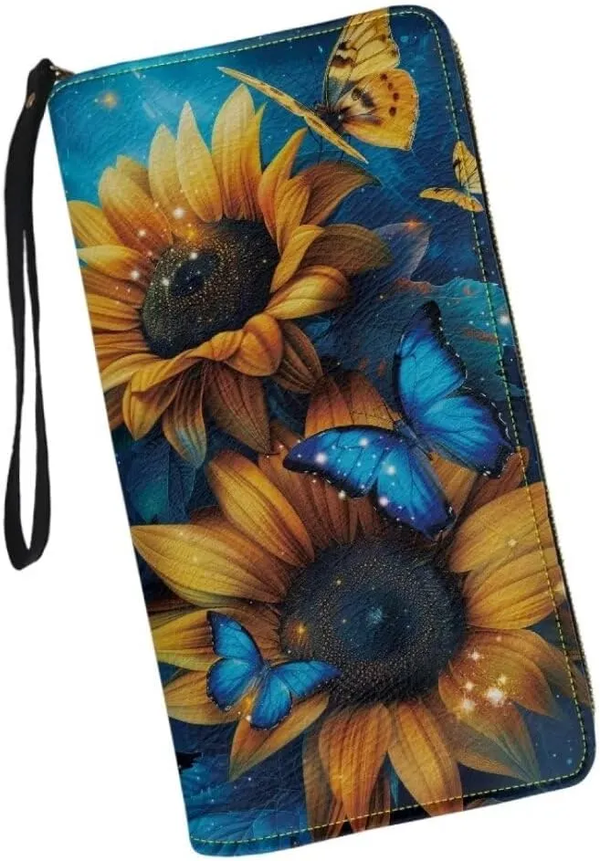 Yellow Sunflower Wristlet Wallet Blue Butterfly Waterproof Credit Card Wallets Ladies Money Clips Clutch Wristlet Wrist Strap Long Purse
