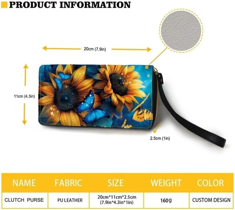 Yellow Sunflower Wristlet Wallet Blue Butterfly Waterproof Credit Card Wallets Ladies Money Clips Clutch Wristlet Wrist Strap Long Purse