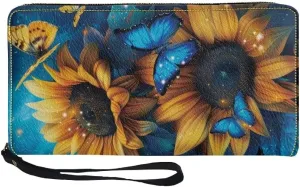 Yellow Sunflower Wristlet Wallet Blue Butterfly Waterproof Credit Card Wallets Ladies Money Clips Clutch Wristlet Wrist Strap Long Purse