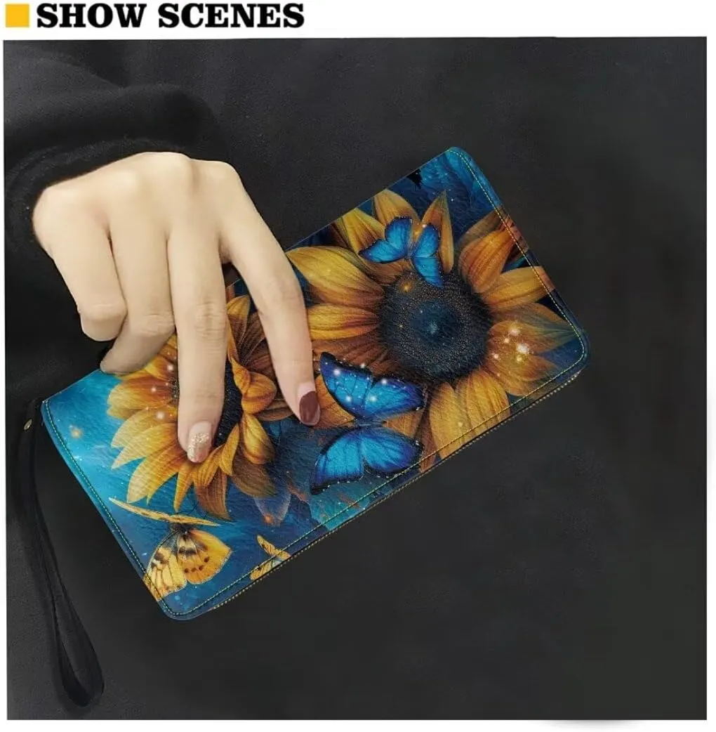 Yellow Sunflower Wristlet Wallet Blue Butterfly Waterproof Credit Card Wallets Ladies Money Clips Clutch Wristlet Wrist Strap Long Purse