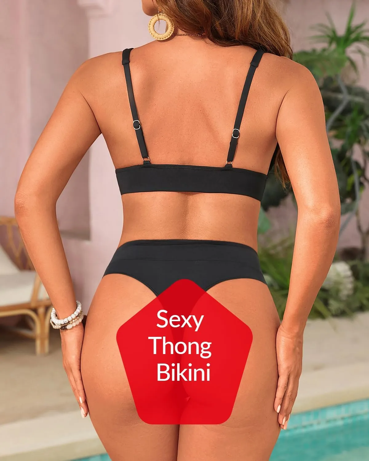 Yonique Thong Bikini Set High Waisted Two Piece Swimsuit High Cut Bikini V Neck Bathing Suit