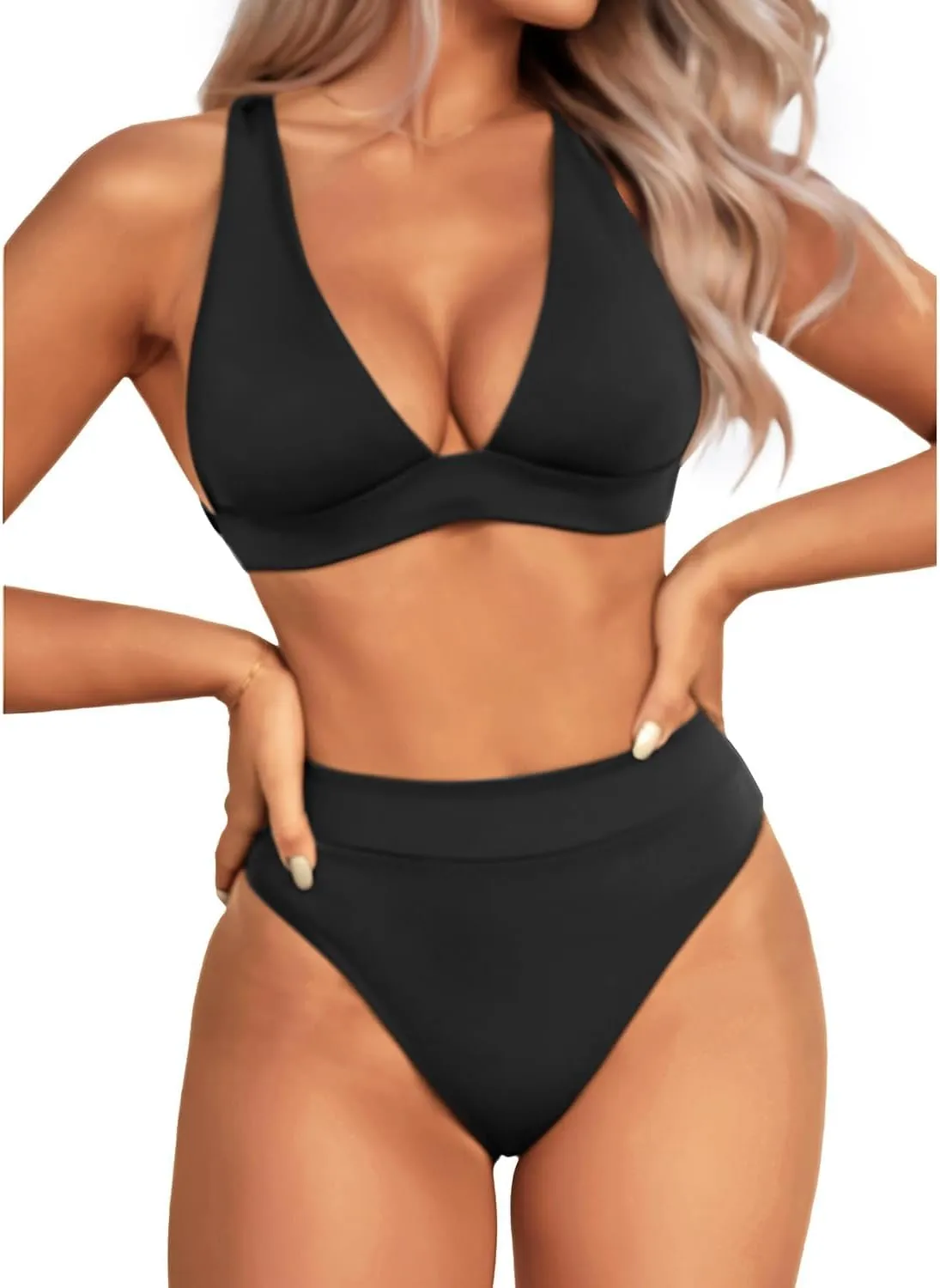 Yonique Thong Bikini Set High Waisted Two Piece Swimsuit High Cut Bikini V Neck Bathing Suit