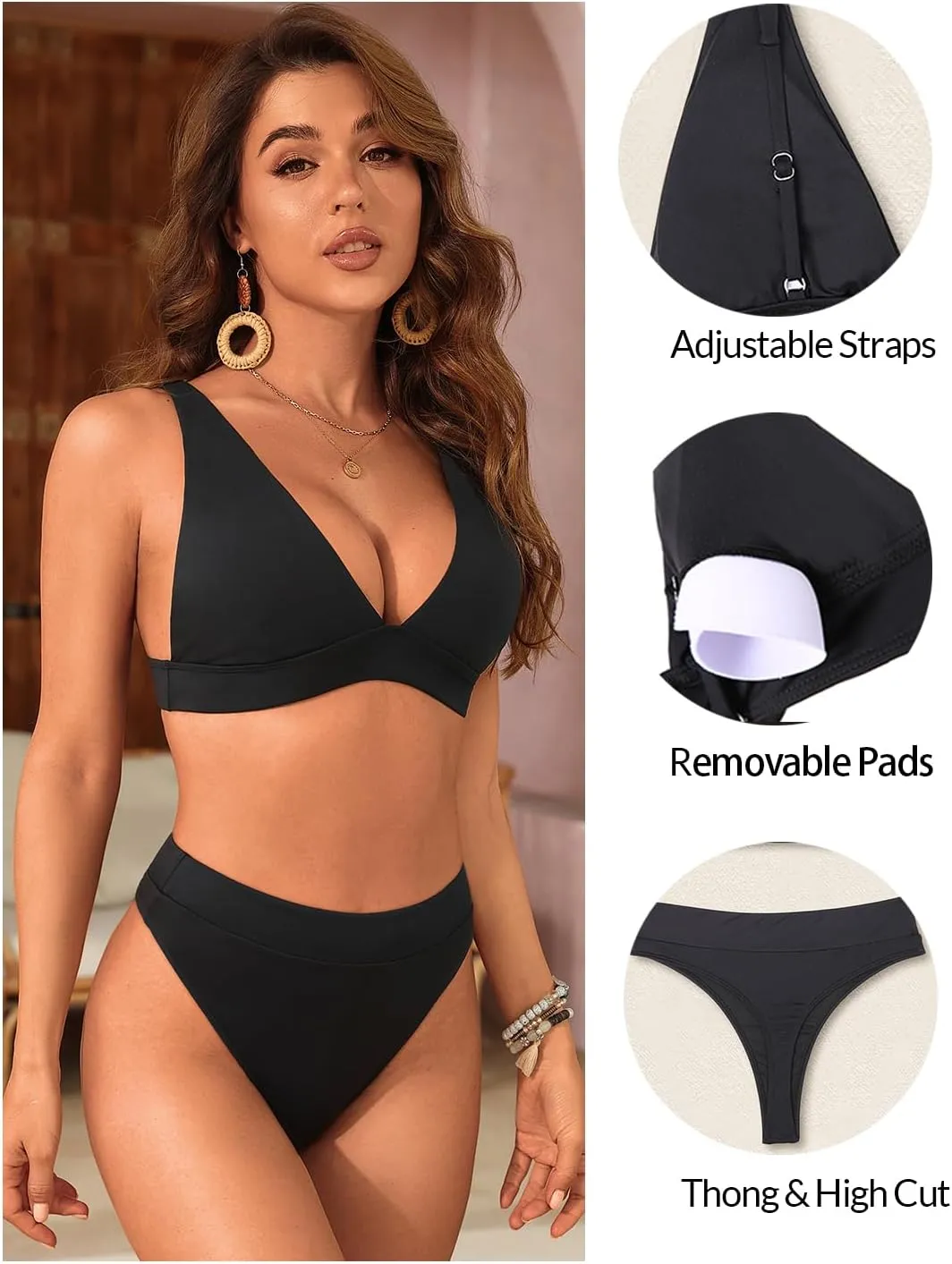 Yonique Thong Bikini Set High Waisted Two Piece Swimsuit High Cut Bikini V Neck Bathing Suit