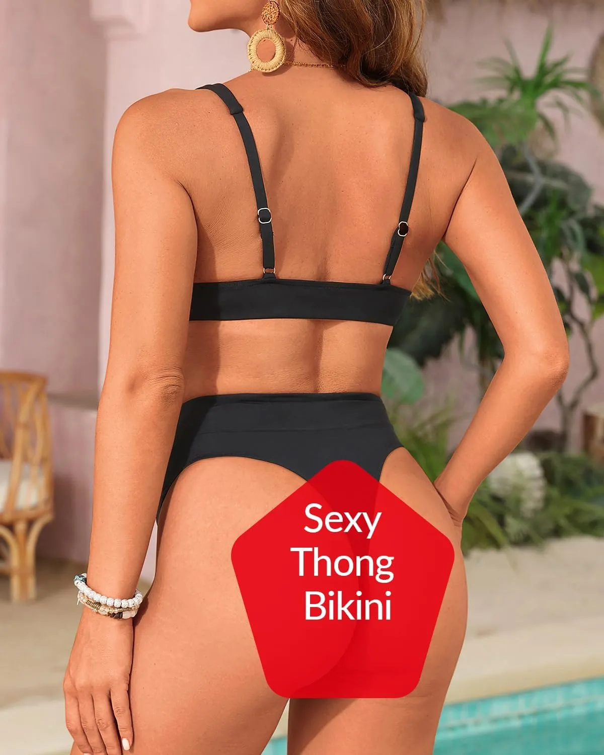 Yonique Thong Bikini Set High Waisted Two Piece Swimsuit High Cut Bikini V Neck Bathing Suit