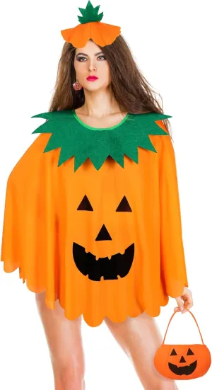 Zhanmai 5 Pcs Halloween Adult Pumpkin Costume Set, Include Cloak Poncho, Candy Bag, Headband, Earrings for Women's Cosplay Party
