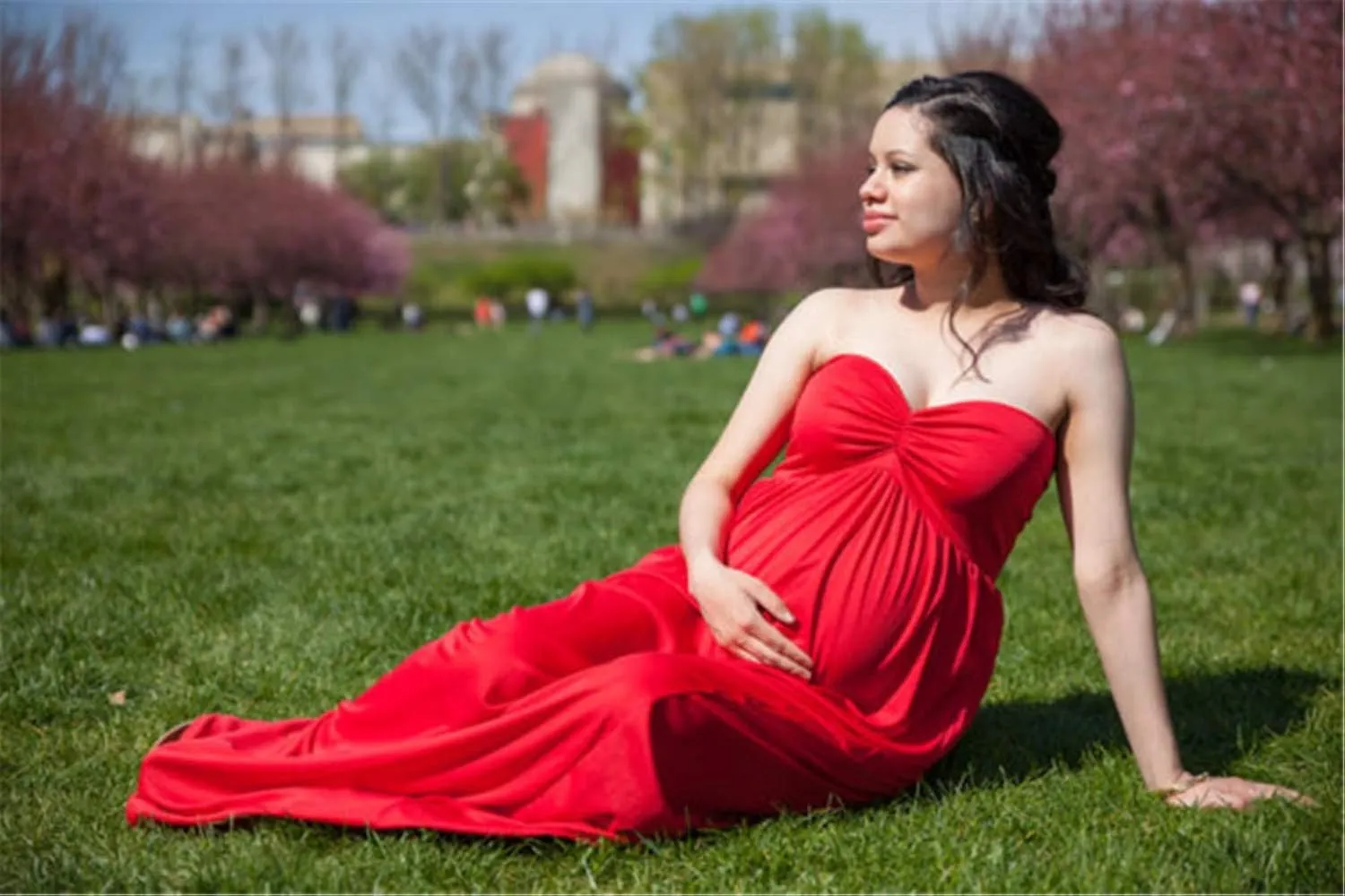 ZIUMUDY Maternity Chiffon Strapless Maxi Photography Dress Split Front Gown for Photoshoot