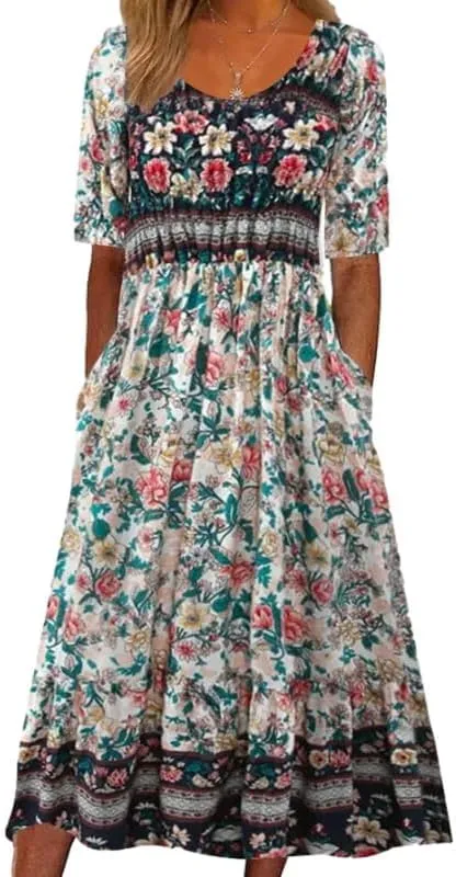 ZOCANIA Womens Peasant Dress Boho Ethnic Floral Print Maxi Dress Summer Casual Loose Fit Mexico Flowy Dresse with Pockets