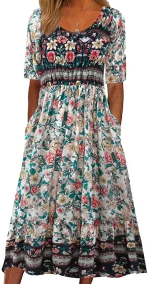 ZOCANIA Womens Peasant Dress Boho Ethnic Floral Print Maxi Dress Summer Casual Loose Fit Mexico Flowy Dresse with Pockets