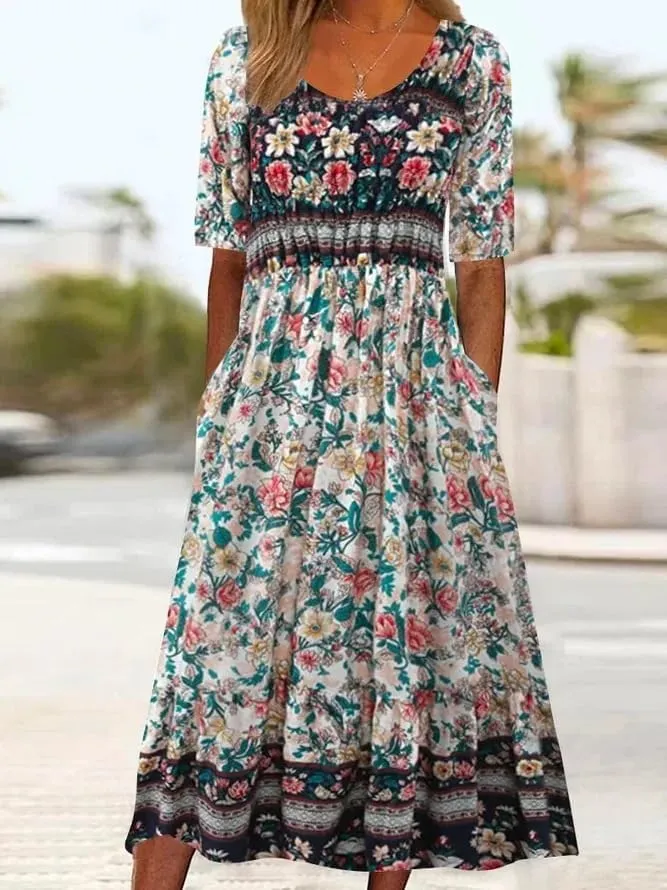 ZOCANIA Womens Peasant Dress Boho Ethnic Floral Print Maxi Dress Summer Casual Loose Fit Mexico Flowy Dresse with Pockets