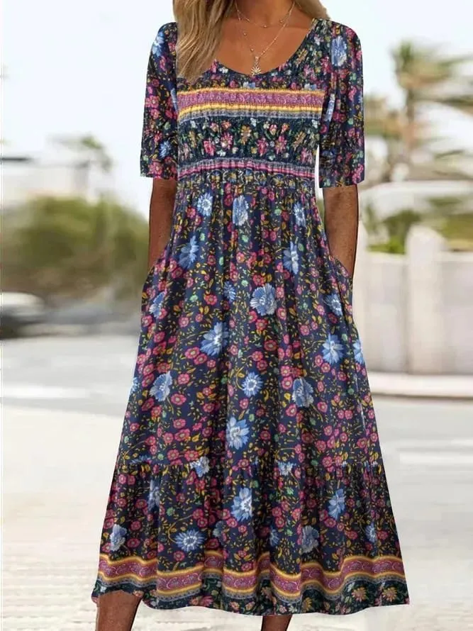 ZOCANIA Womens Peasant Dress Boho Ethnic Floral Print Maxi Dress Summer Casual Loose Fit Mexico Flowy Dresse with Pockets
