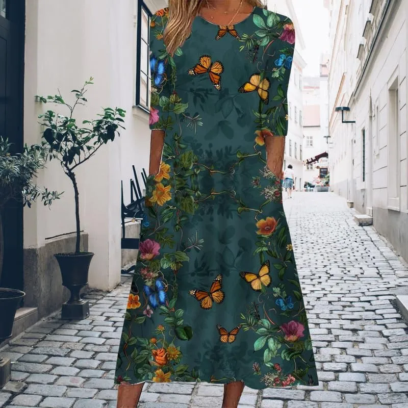 ZOCAVIA Women's Boho Floral Midi Dress Summer Casual Ethnic Style Short Sleeve Flowy Bohemian Retro Sundresses with Pockets