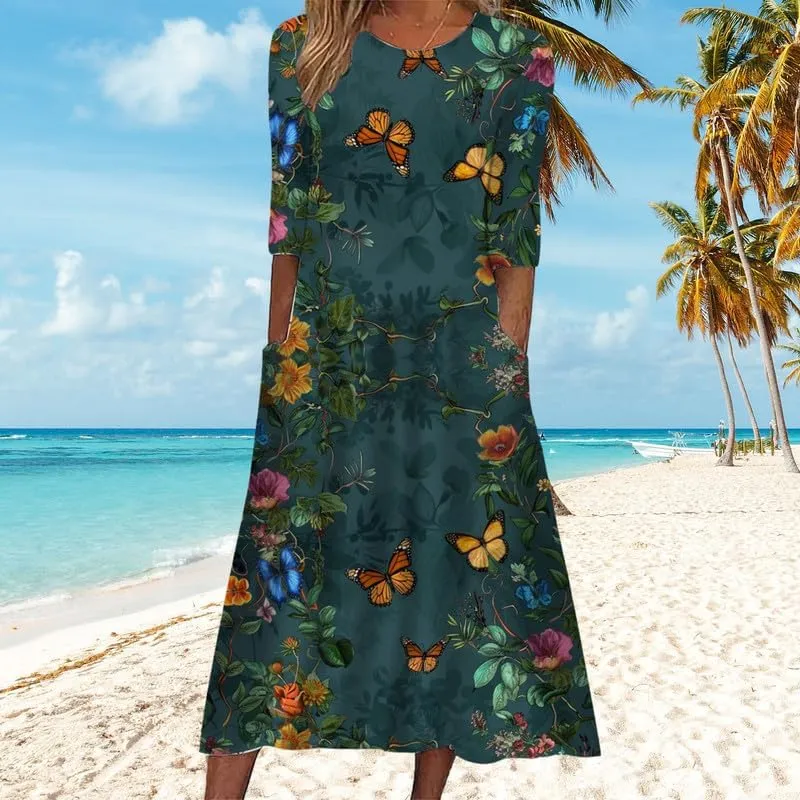 ZOCAVIA Women's Boho Floral Midi Dress Summer Casual Ethnic Style Short Sleeve Flowy Bohemian Retro Sundresses with Pockets